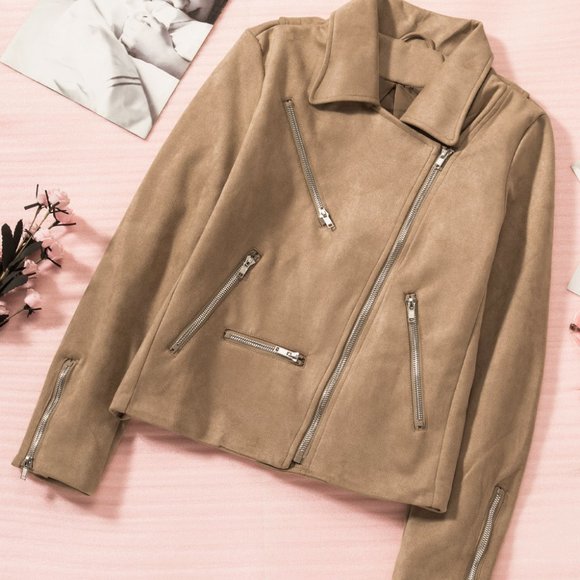 Khaki Zipper Notch Collar Crop Moto Jacket S - Picture 5 of 11